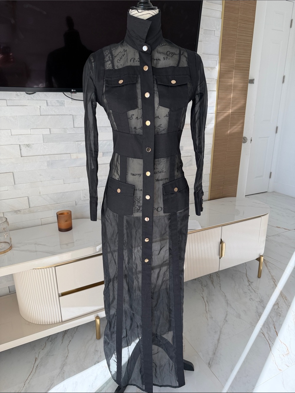 Sheer Long Black Button-Front Shirt Dress